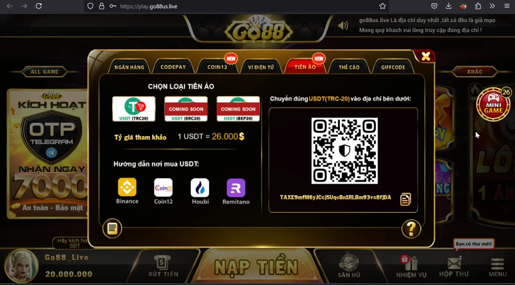 Nạp tiền Go88 bằng coin