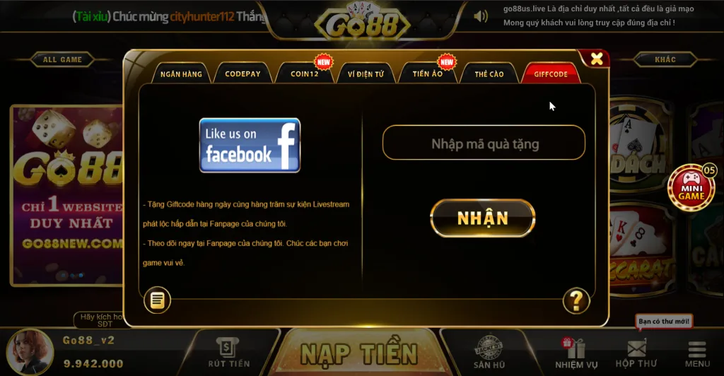 Nạp tiền Go88 bằng Giftcode