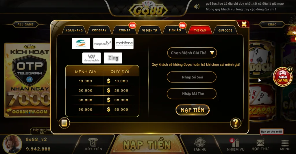 Go88 - Nạp tiền bằng thẻ cào