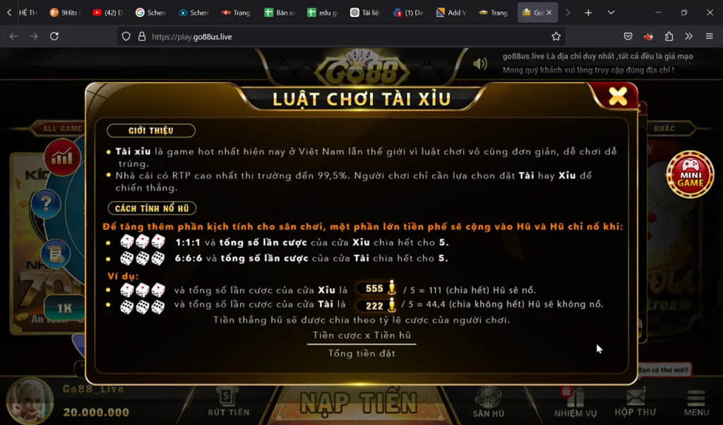 Luật chơi Tài xỉu trên Go88